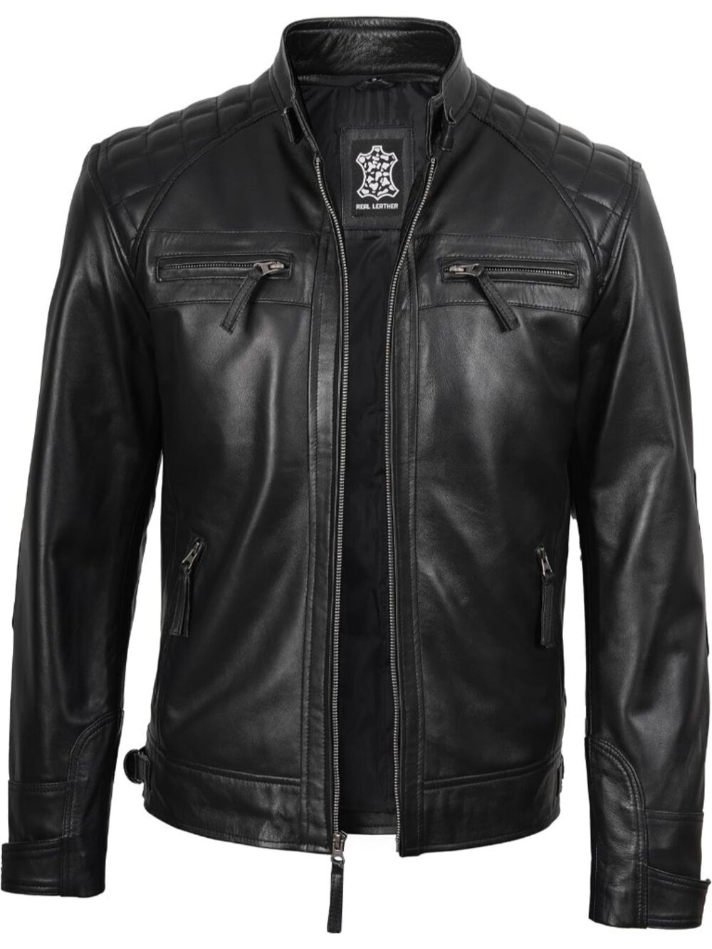 Men’s Diamond Black Genuine Lambskin Leather Cafe Racer Motorcycle Jacket